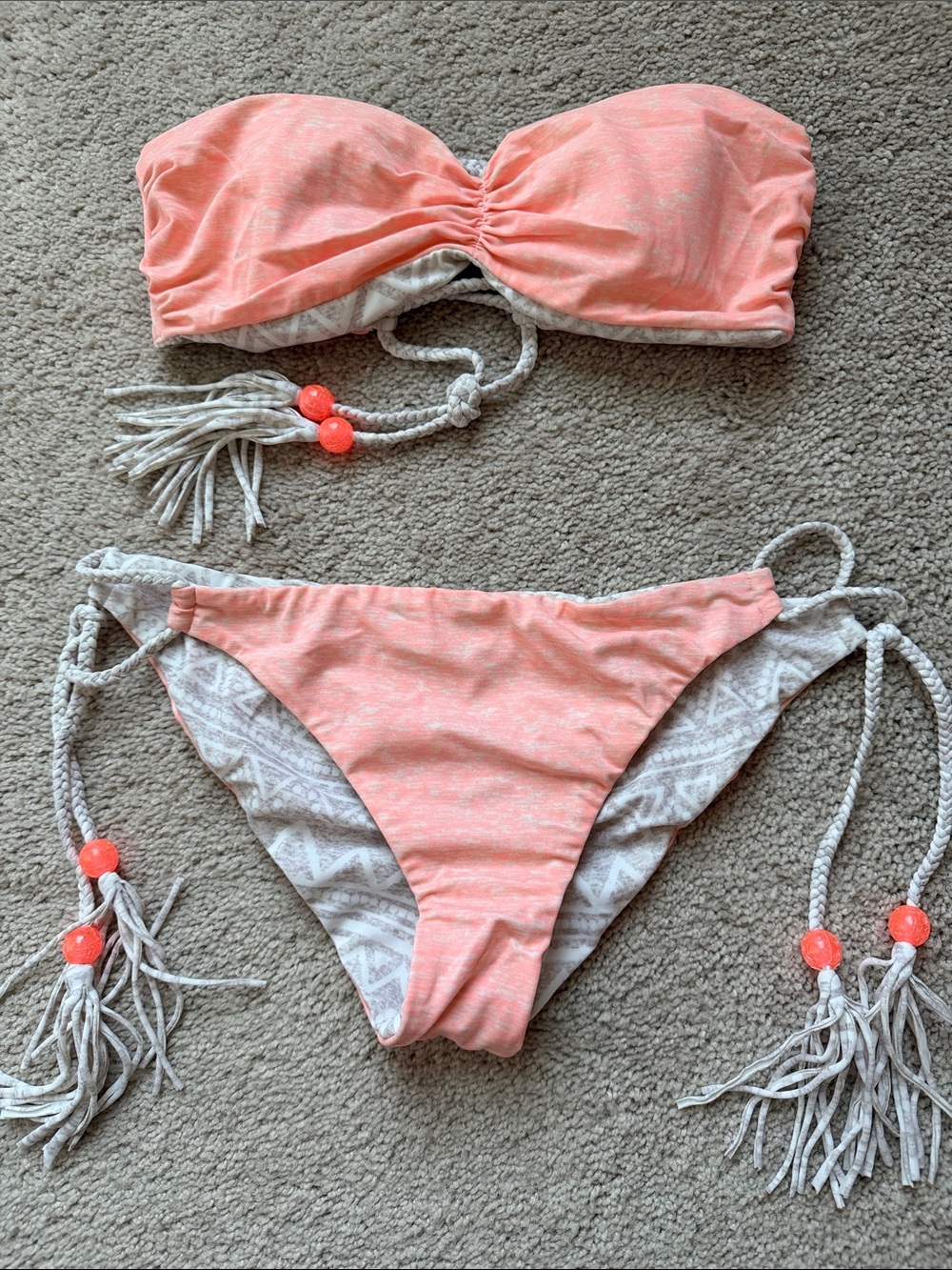 Victoria's Secret Reversible Coral/Grey Bandeau Bikini Set with Tassel Ties
